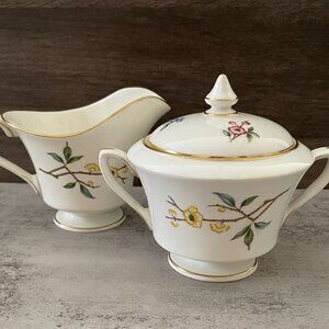 Vintage Royal Worcester Blossom Time Covered Sugar Creamer 3-PC Bone China MINT